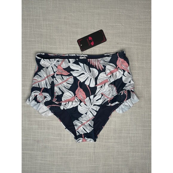 Shekini High Waist Ruffle Bikini‎ Bottom Women’s Size Small Navy White Pink - Picture 2 of 12